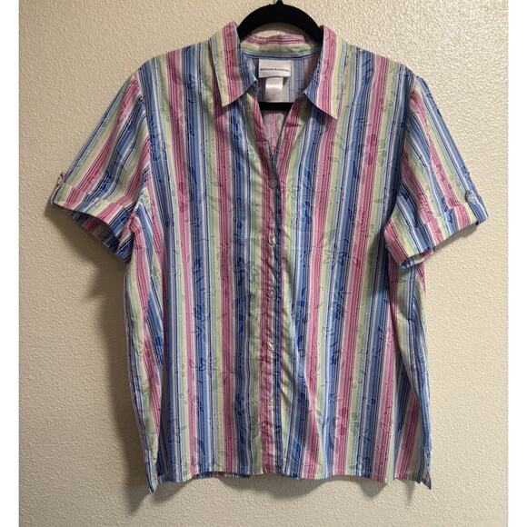 Vintage Alfred Dunner Sz L Rainbow Striped Button Up Shirt Floral Burnout Hippie - Picture 1 of 7